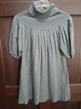Women' Gray Pleated Turtleneck Short Sleeve Knit Dress Size M